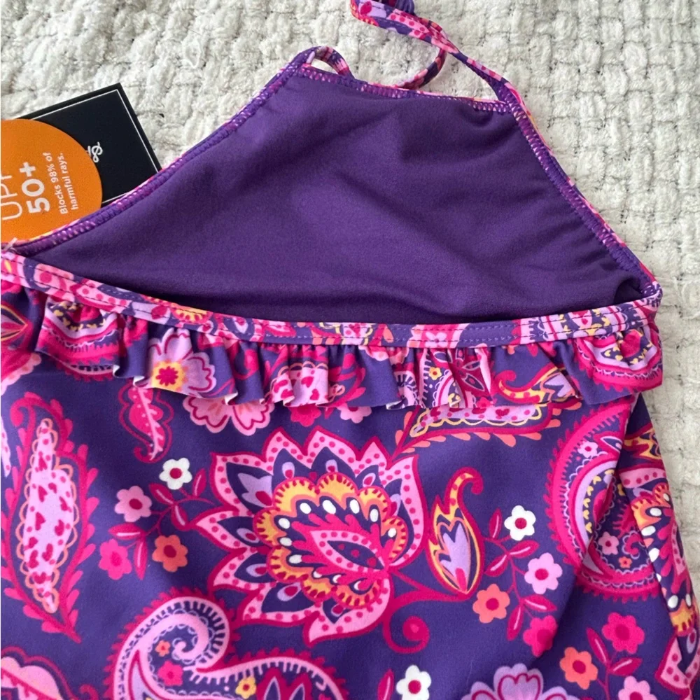 NWT Gymboree purple paisley one piece swimsuit. SPF 50+ ruffle top and bttm. 3T